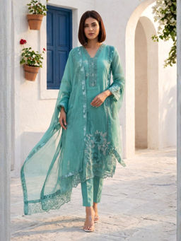 Autumnlane - Teal Embroidered Three Fourth Sleeves Kurta Pant & Dupatta