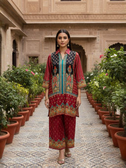 INDDUS - Maroon Printed Three Fourth Sleeves Co-ord Set