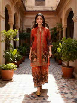 INDDUS - Rust Floral Three Fourth Sleeves Co-ord Set