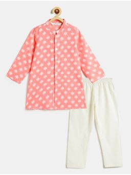 Campana - Boys Mrinal Floral Printed Cotton Kurta and Pyjama- Peach And White