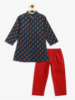 Campana - Boys Mrinal Floral Printed Cotton Kurta and Pyjama- Navy And Maroon