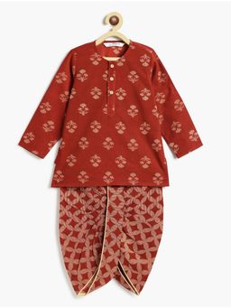 Campana - Boys Bansi Ikat Floral Printed Cotton Kurta and Dhoti -Maroon