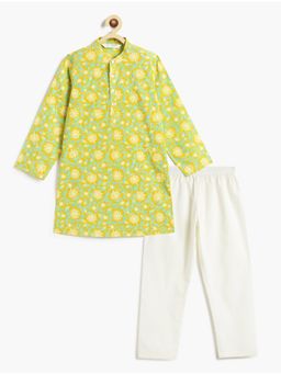 Campana - Boys Palash Floral Printed Cotton Kurta and Pyjama-Green