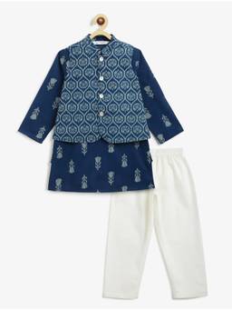 Campana - Boys Nishant Floral Printed Cotton Kurta and Pyjama with Jacket - Navy Blue