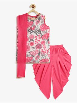 Campana - Kiran Floral Printed Cotton Kurti and Dhoti with Dupatta - Pink And White