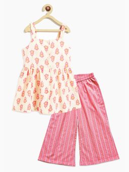 Campana - Udita Floral Printed Cotton Kurti and Palazzo - White And Pink
