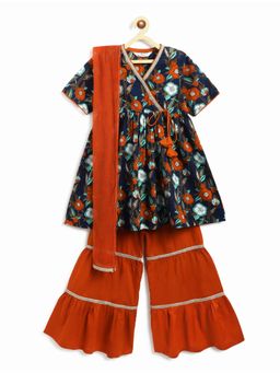 Campana - Nihira Floral Printed Cotton Kurta and Sharara with Dupatta - Navy And Red