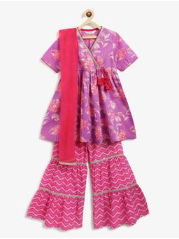 Campana - Nihira Floral Printed Cotton Kurta and Sharara with Dupatta - Purple And Pink