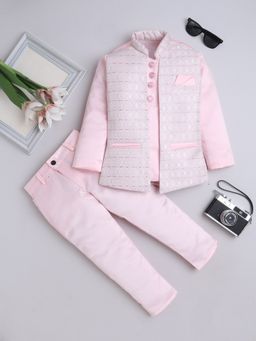 FOURFOLDS - Pink Woven Sequined Jodhpuri Blazer And Trousers
