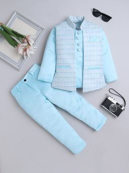 FOURFOLDS - Sky Blue Woven Sequined Jodhpuri Blazer And Trousers