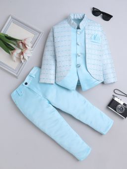 FOURFOLDS - Sky Blue Woven Sequined Jodhpuri Blazer And Trousers