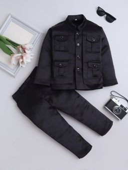 FOURFOLDS - Black Solid Jodhpuri Blazer And Trousers