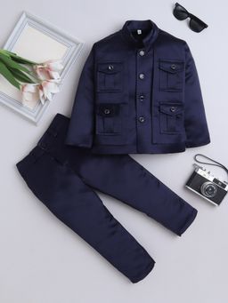 FOURFOLDS - Navy Blue Solid Jodhpuri Blazer And Trousers