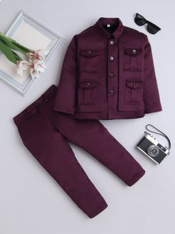 FOURFOLDS - Wine Solid Jodhpuri Blazer And Trousers