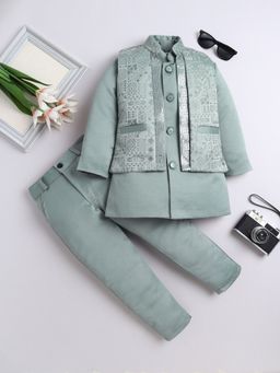 FOURFOLDS - Sage Green Indo Western Waistcoat and Blazer with Trouser