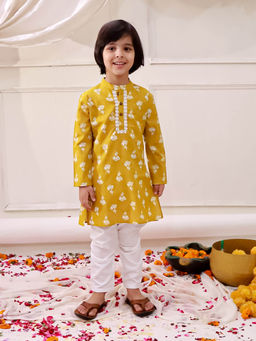 KID1 - Floral Tiny Threads Kurta and Pyjama-Mustard
