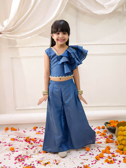 KID1 - Pearl Ruffle Top With Palazzo-Blue