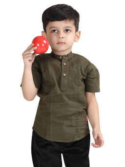 Polka Tots - Green Cotton Half Sleeve Festive Wear Kurta