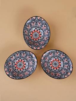 The Golden Theory - Black & Red Floral Long Ceramic Bowls Set of 3