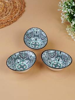 The Golden Theory - Green & White Mandala Long Ceramic Bowls Set of 3