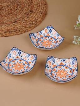 The Golden Theory - Orange & Blue Geometric Square Ceramic Bowls Set of 3