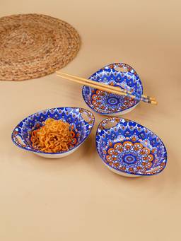 The Golden Theory - Blue & Orange Side Handle Ceramic Bowls Set of 3