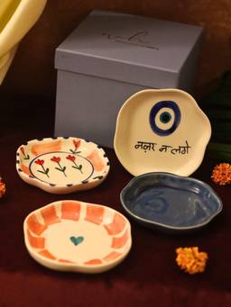 WEAVING HOMES - Set of 4 Nazar, Striped Heart, Peony & Metallic Blue Dessert Plates