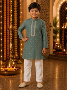 Pankhuri by Priyanka - Grey Tissue Boy Kurta with Pyjama