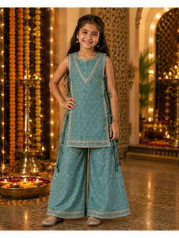 Pankhuri by Priyanka - Blue Tissue Girl Kurta with Palazzo