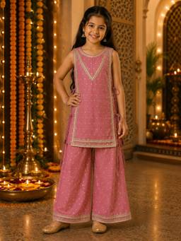 Pankhuri by Priyanka - Pink Tissue Girl Kurta with Palazzo