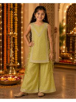 Pankhuri by Priyanka - Green Tissue Girl Kurta with Palazzo