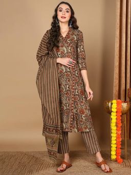 Vaamsi - Women Taupe Cotton Printed Kurta Trouser with Dupatta (Set of 3)