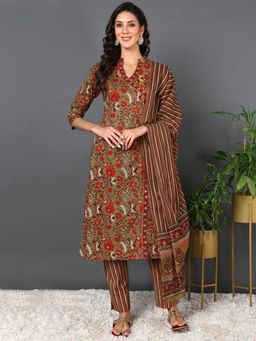 Vaamsi - Women Brown Cotton Ethnic Printed Kurta Trouser with Dupatta (Set of 3)
