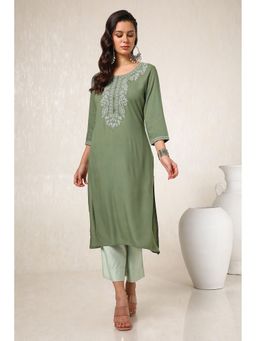 Soch - Women Olive Rayon Embroidered Kurta