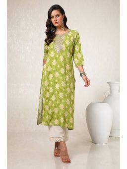 Soch - Women Olive Rayon Botanical Print Kurta with Gotta Patti