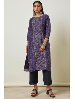 Soch - Women Purple Viscose Blend Botanical Print Kurta with Beads