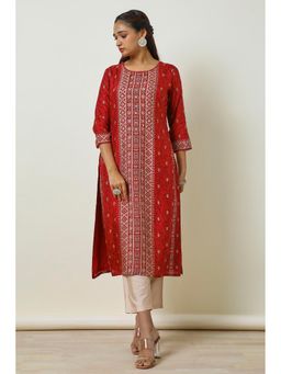 Soch - Women Brick Red Viscose Blend Botanical Print Kurta with Mirror Work