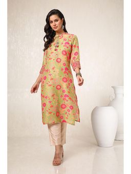 Soch - Women Light Green Muslin Blend Floral Print Kurta with Tassels
