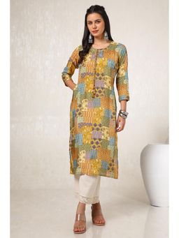 Soch - Women Mustard Viscose Muslin Ethnic Motifs Kurta with Tassels