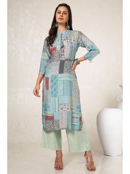 Soch - Women Powder Blue Viscose Muslin Ethnic Motifs Kurta with Tassels