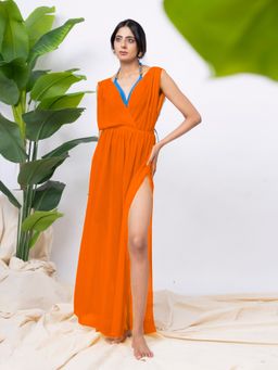 AOBA - Women Orange Solid Swimwear Cover-Up Dress