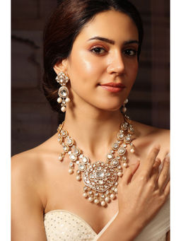 Joules By Radhika - White Kundan Polki Pearl Celestial Dew Necklace Set