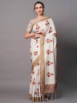 Odette - Cream Festive Silk Blend Printed Saree with Unstitched Blouse