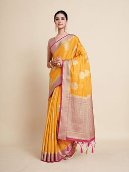 Mimosa - Women Traditional Vakrangi Kanjivaram Art Silk Mustard Saree with Unstitched Blouse