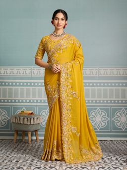 Gahan - Yellow Soft Georgette Embroidery Saree With Unstitched Blouse