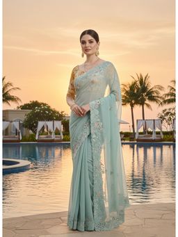 Gahan - Sea Blue Georgette Embroidery Work Saree With Heavy Work Blouse Piece