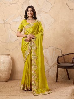 Gahan - Parrot Soft Fendy Chiffon Embroidery Saree With Unstitched Blouse