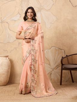 Gahan - Peach Soft Fendy Chiffon Embroidery Saree With Unstitched Blouse