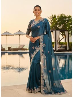 Gahan - Teal Silk Embroidery Work Saree With Heavy Work Blouse Piece