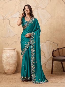 Gahan - Teal Soft Fendy Chiffon Embroidery Saree With Unstitched Blouse